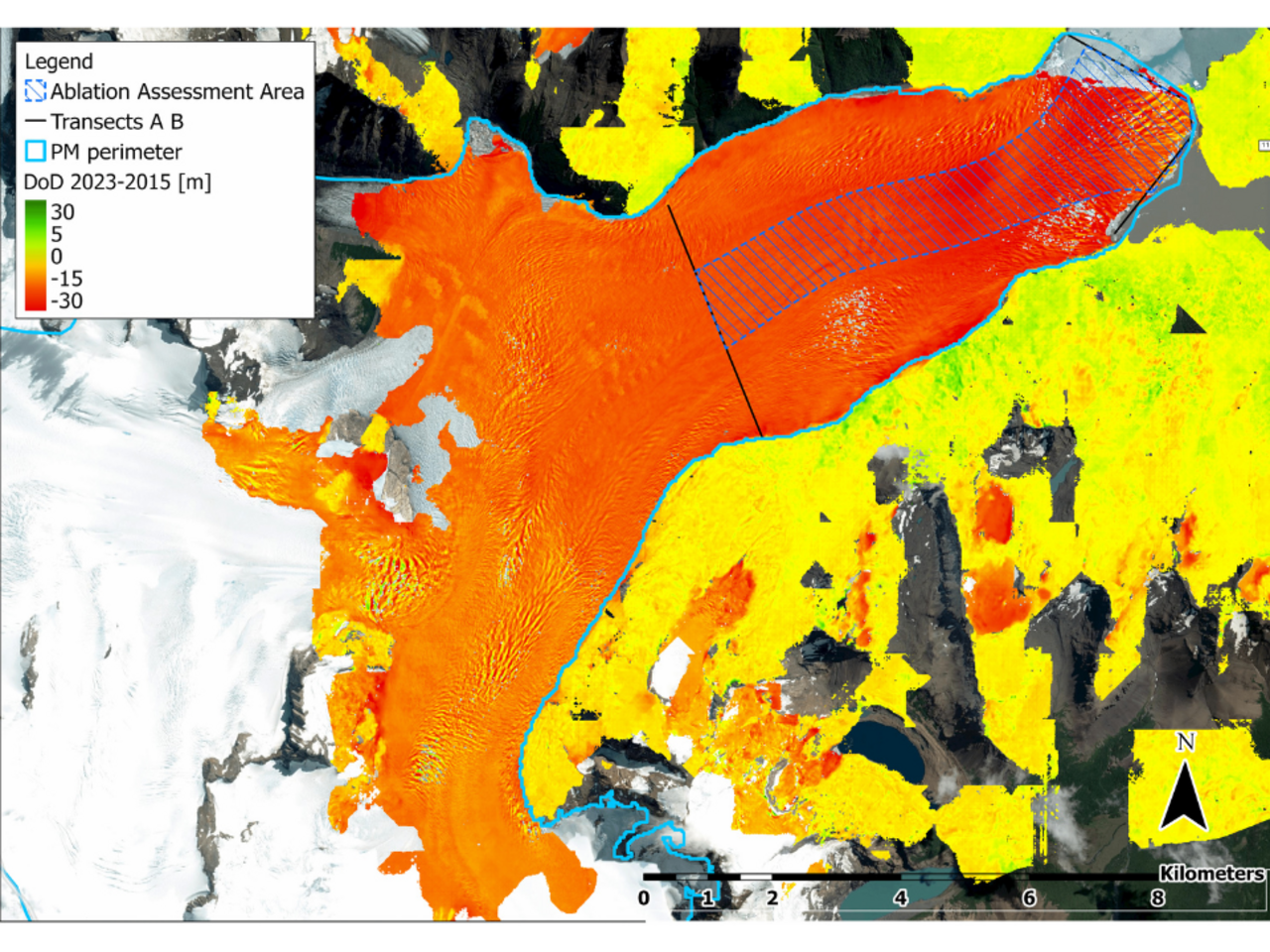 Elaborazione satellitare che mostra la variazione di spessore del ghiacciaio tra 2023 e 2015